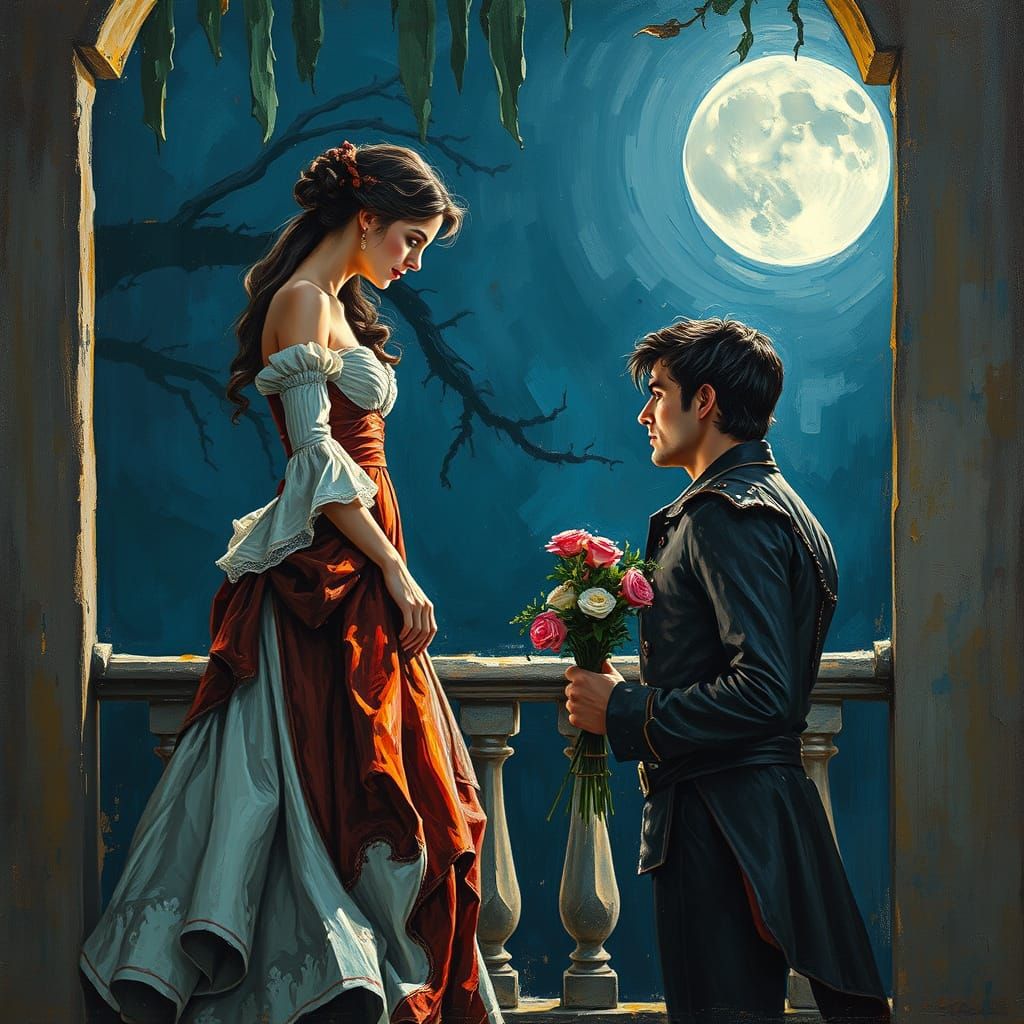 Romeo and Juliet Balcony Scene in Impasto Style