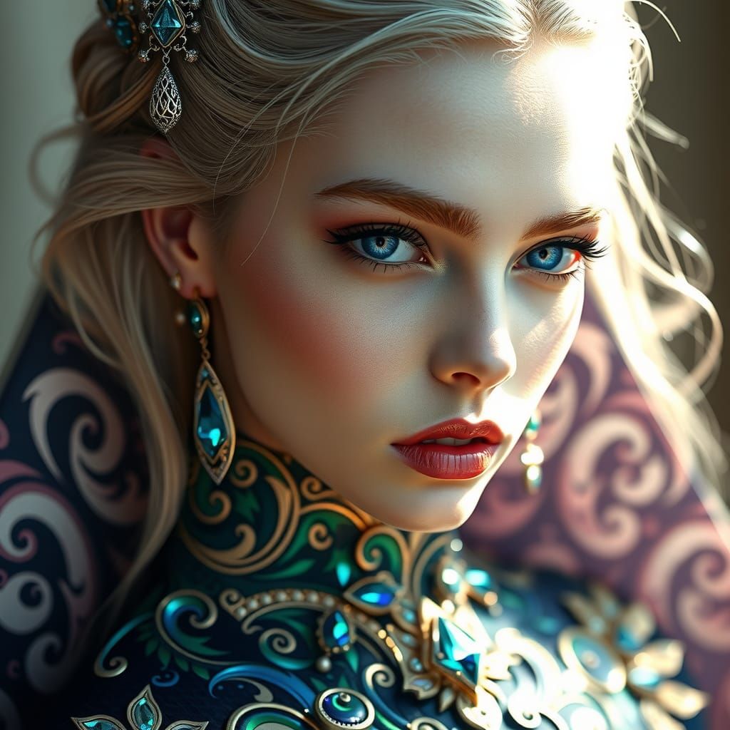 Mystical Woman Portrait in Maximalist Romantic Style
