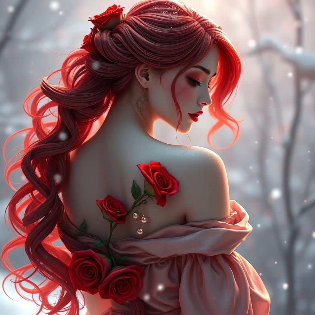 Ethereal Maiden in Red Gown amidst Snowy Landscape