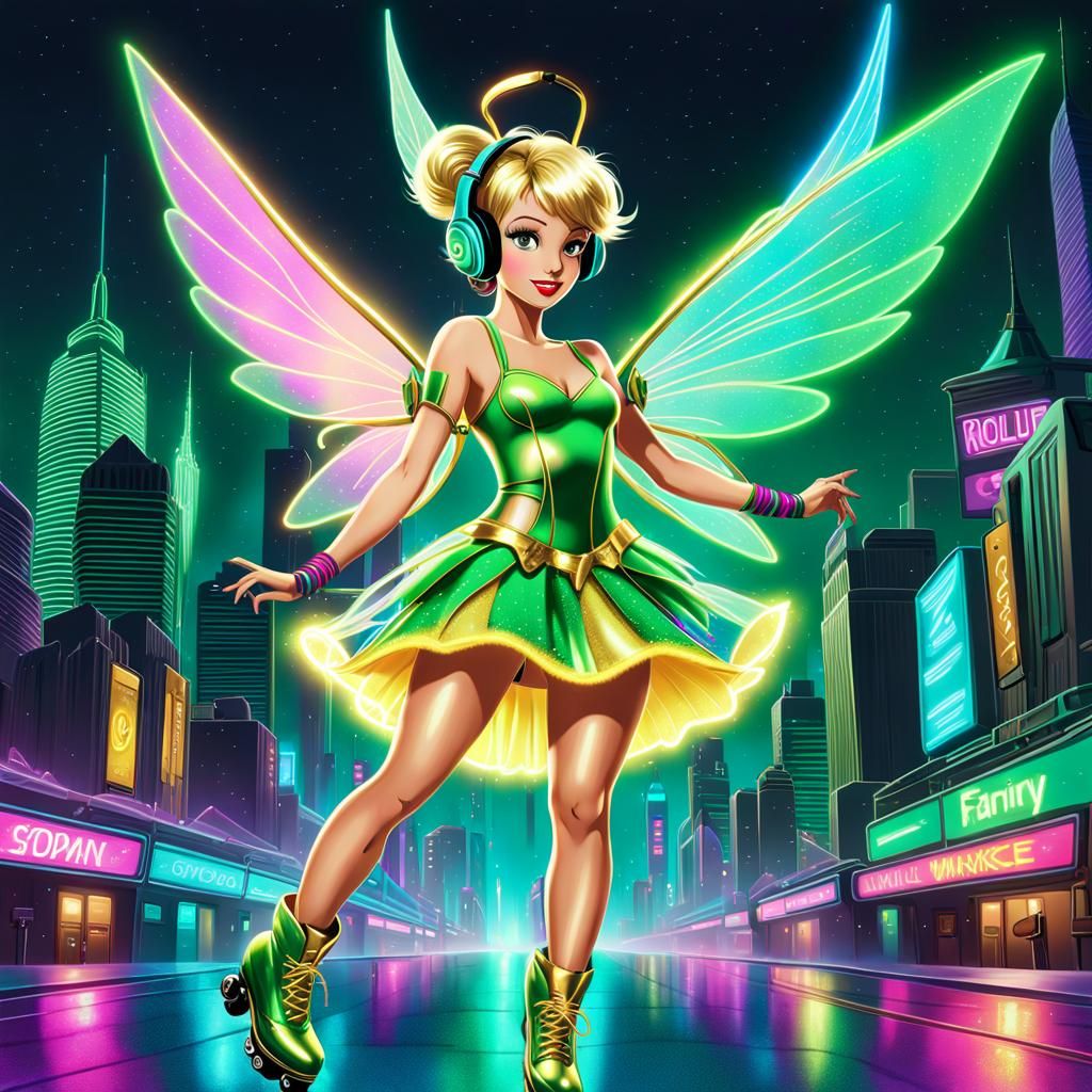 Tinkerbell in Synthwave Retro Cityscape, Digital Painting