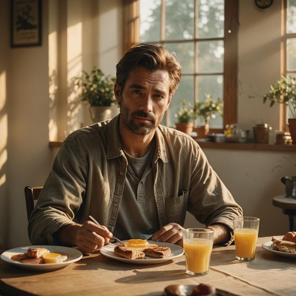 Cinematic Breakfast Scene with Golden Lighting