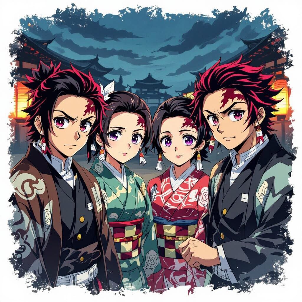 Four Warriors in Demon Slayer Style Selfie