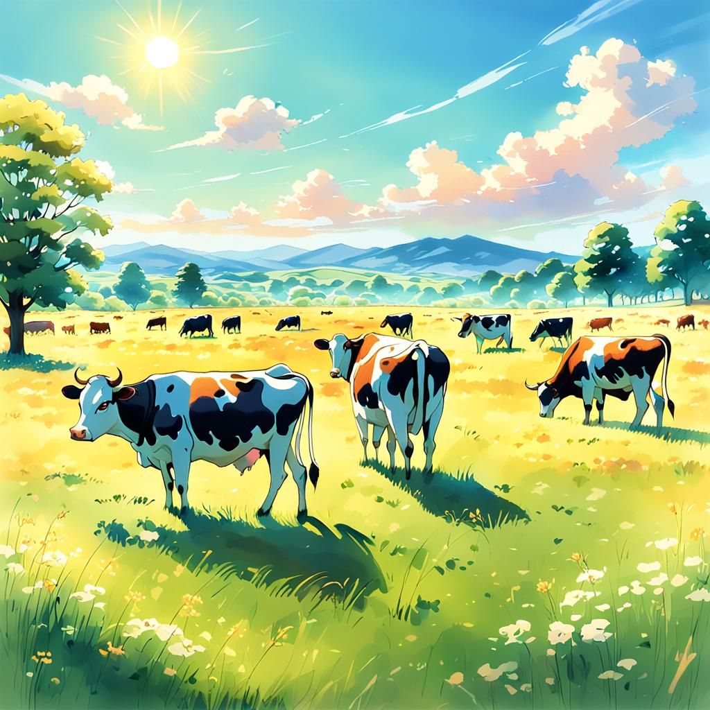 Cows Grazing in Anime Key Visual Style
