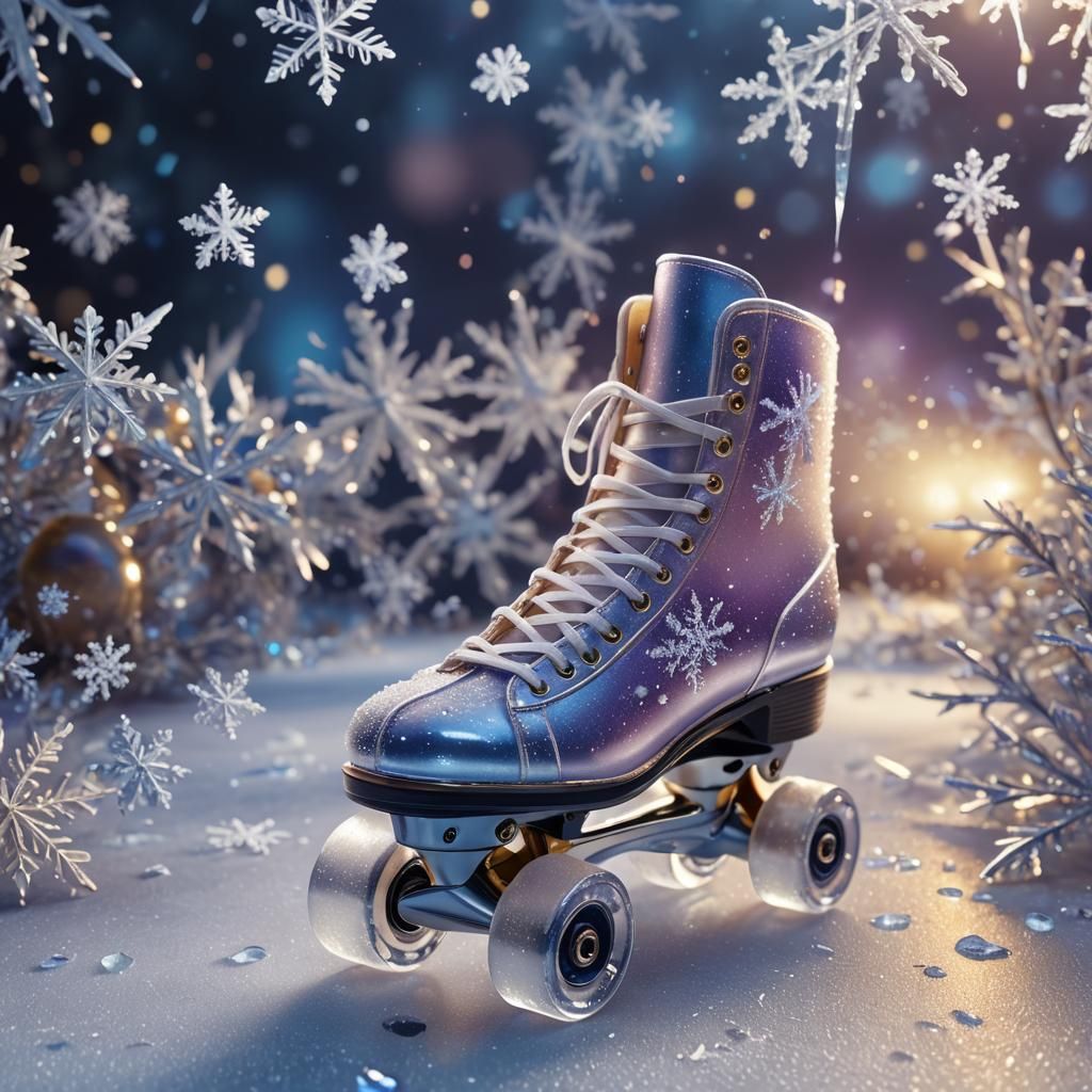 Glass Roller Skate Surrounded by Snowflakes in Art Nouveau S...