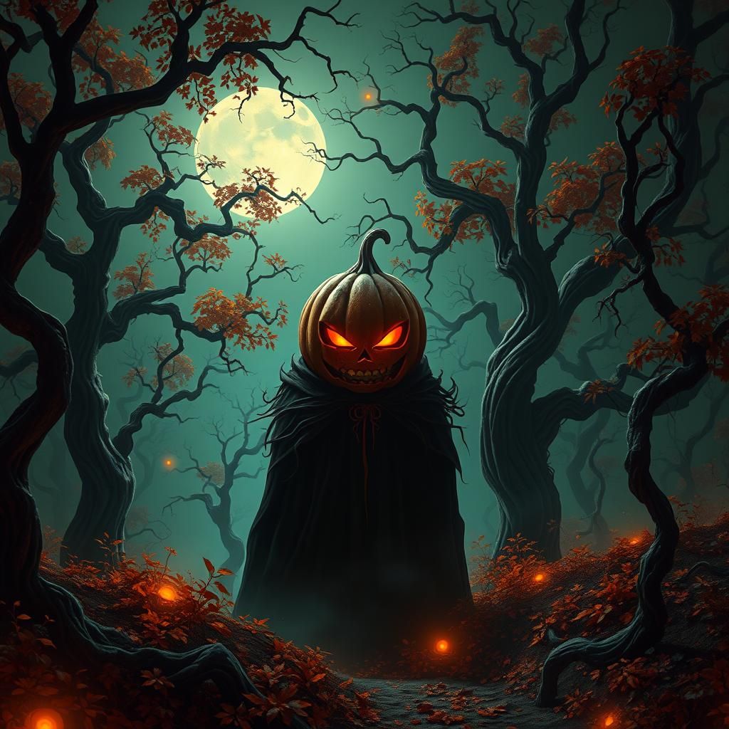Eerie Pumpkin-Headed Figure in Mystical Autumnal Landscape