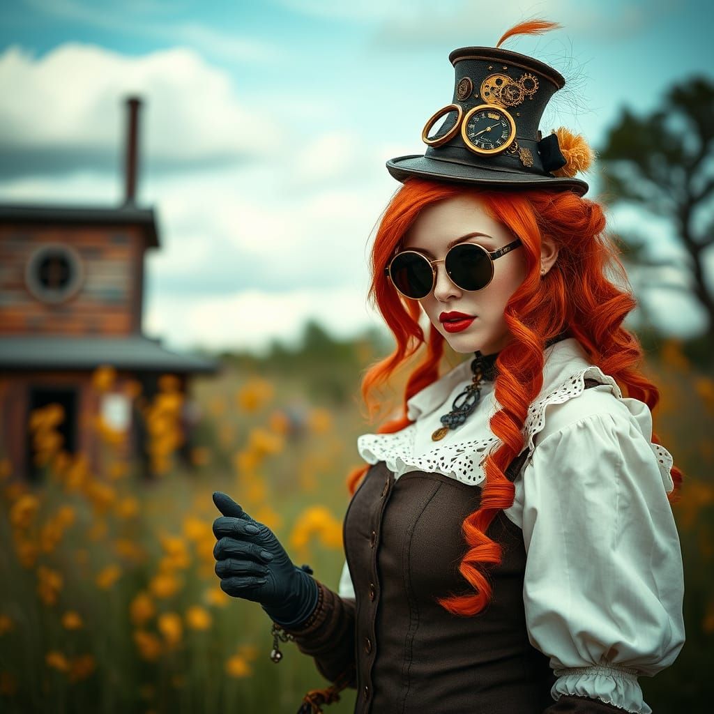 Redhead Woman in Steampunk Attire