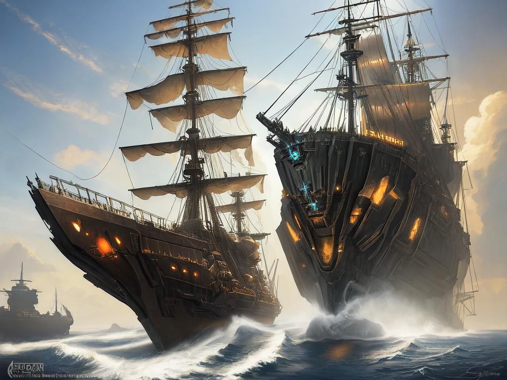 Dieselpunk Frigate Starship, Oil Painting Style