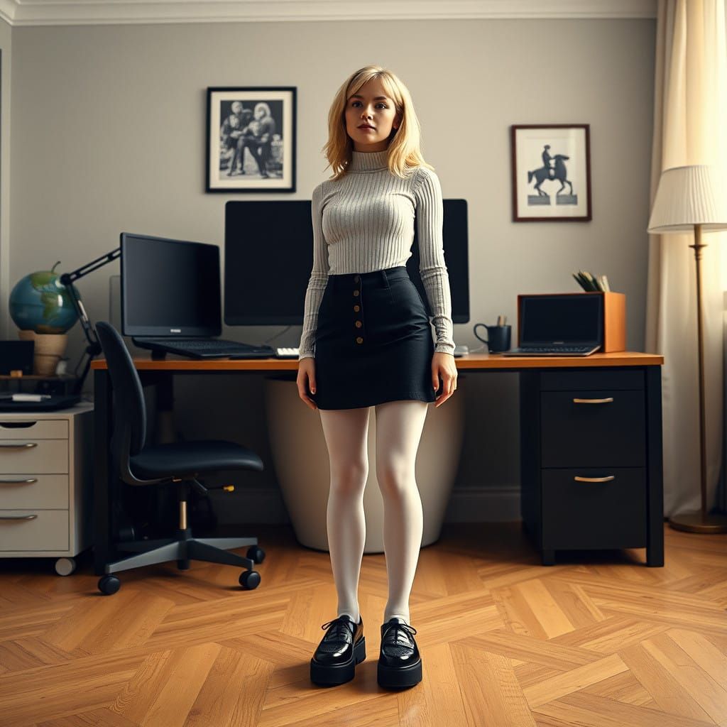 Blonde Woman Dominates Giant Office Desk in Cinematic Film S...