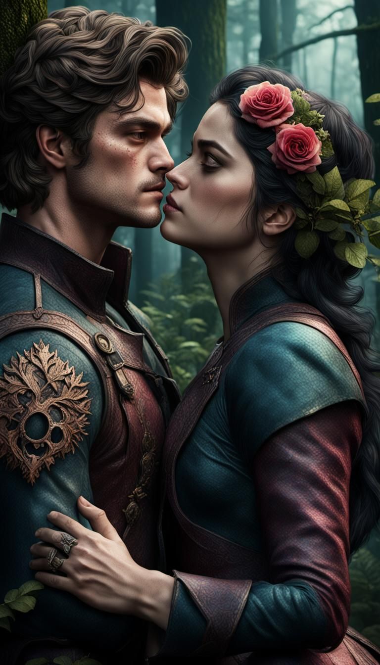 Passionate Forest Embrace: Detailed Fantasy Portrait