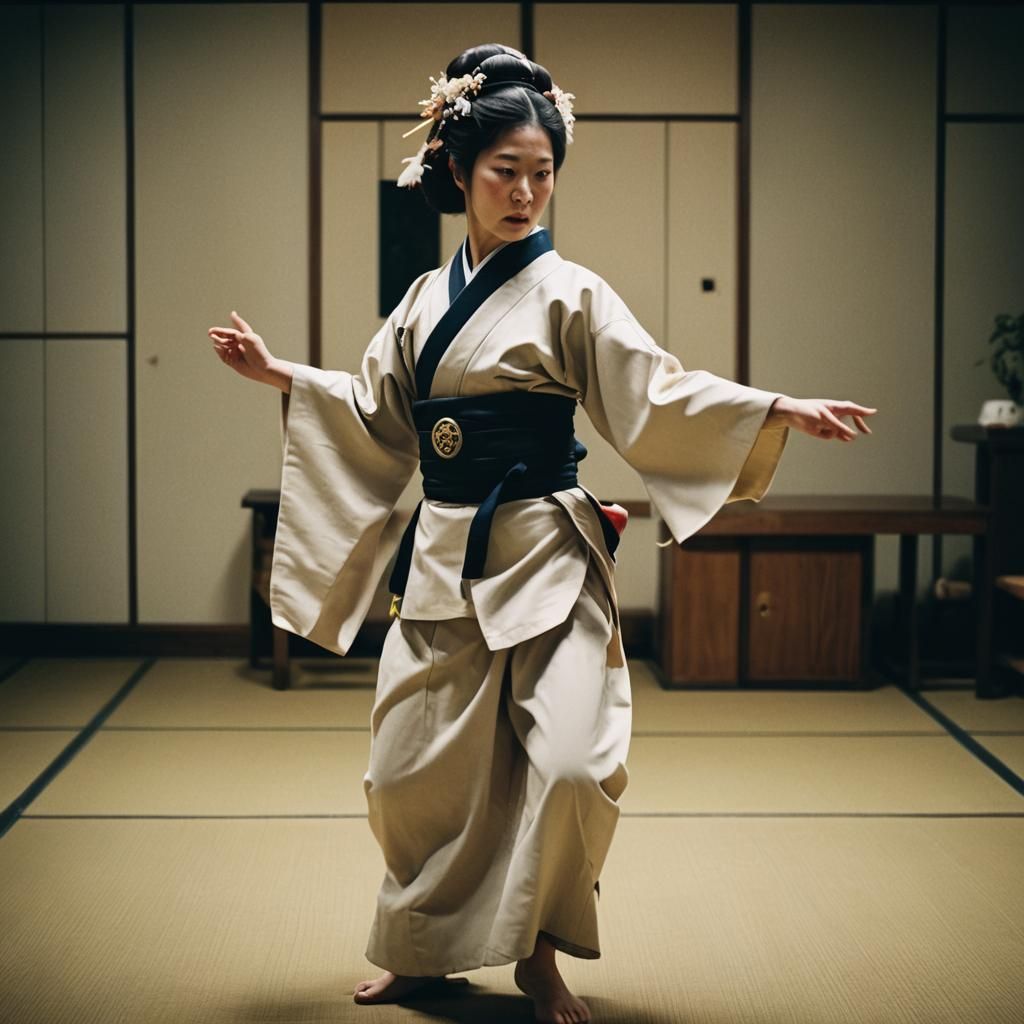 Japanese Woman Learning Traditional Dance Moves
