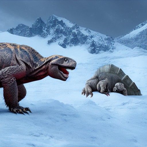 Dinosaur Hunting Sloths in a Snowy Landscape