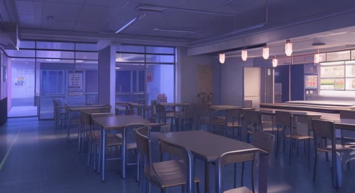 Dreamy Anime Cafeteria at Night: Visual Novel Style