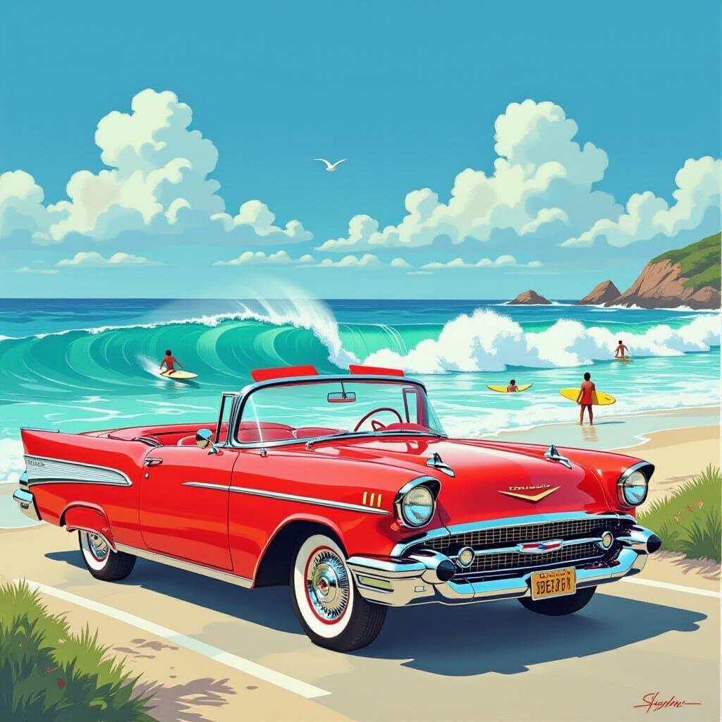 Candy Apple Red 1957 Chevy Bel Air by the Ocean