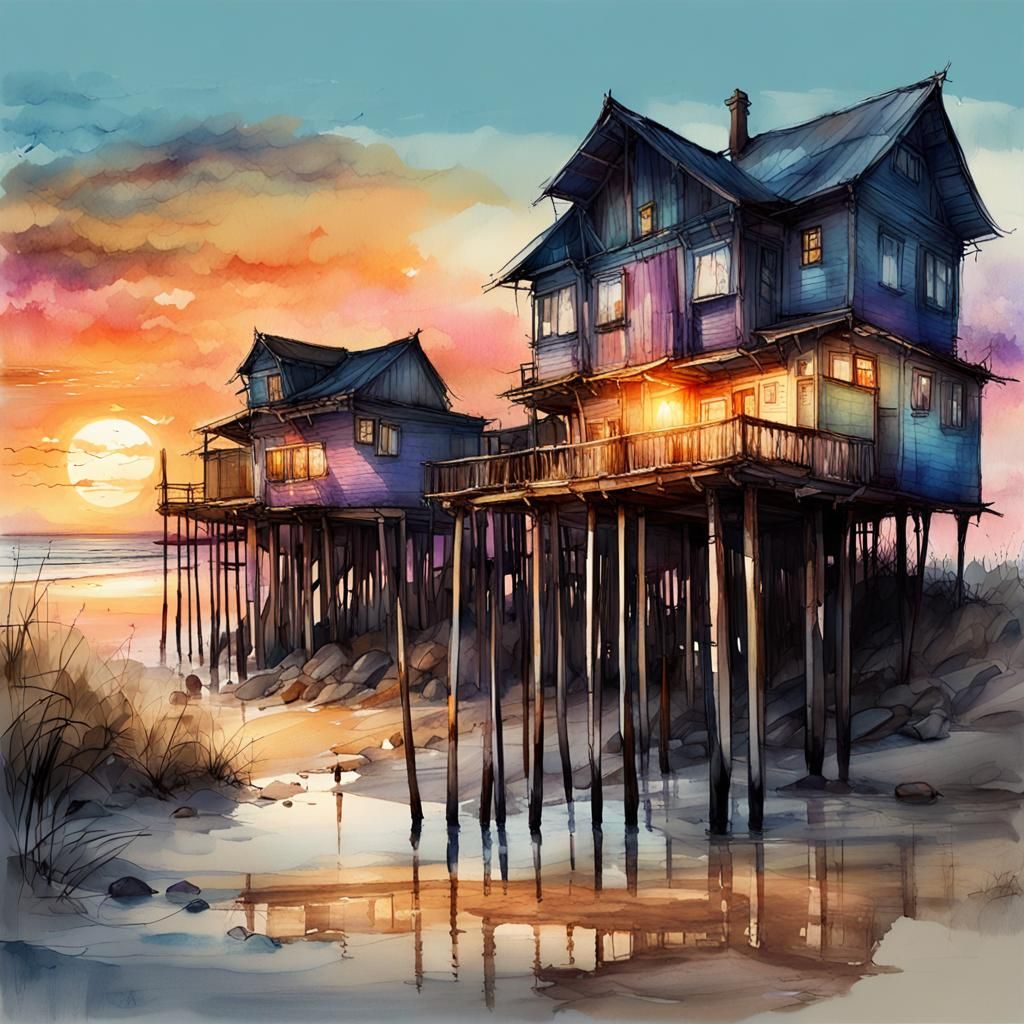 Old houses on stilts on the sandy beach, a summer evening at...