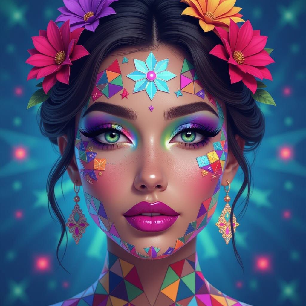 Mosaic Flower Woman in Futuristic 3D Style
