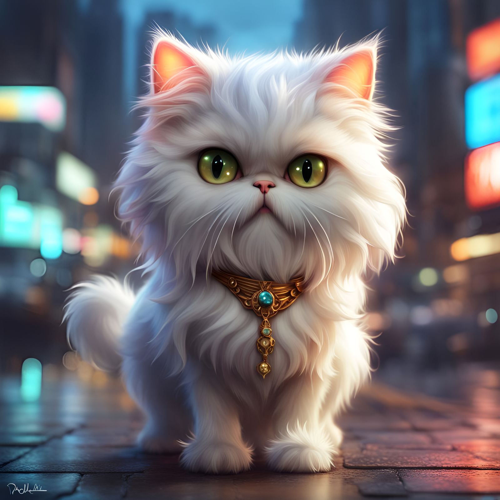 Chibi Persian Cat in Neon City, Digital Art
