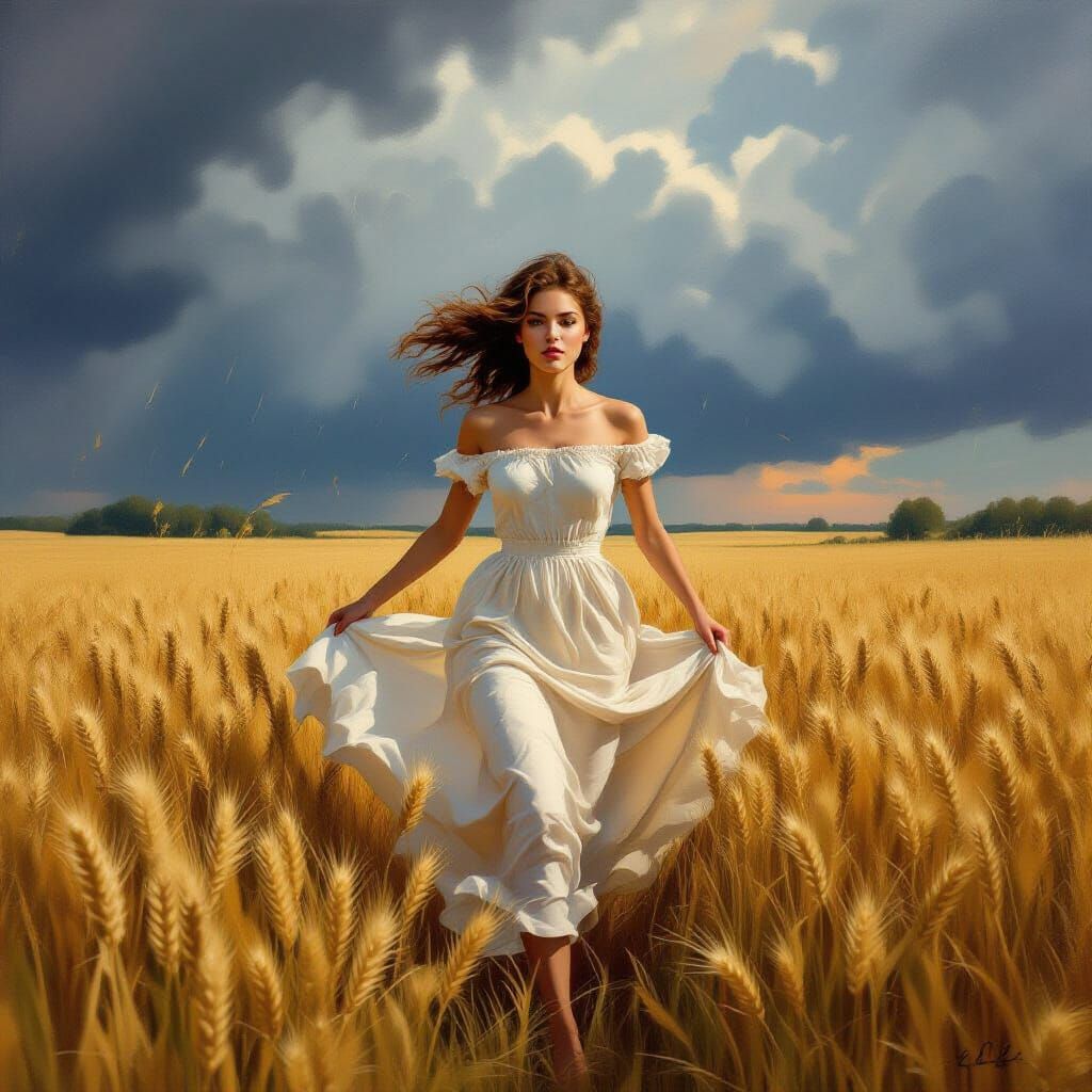 Woman Running Through Wheat Field in Stormy Weather