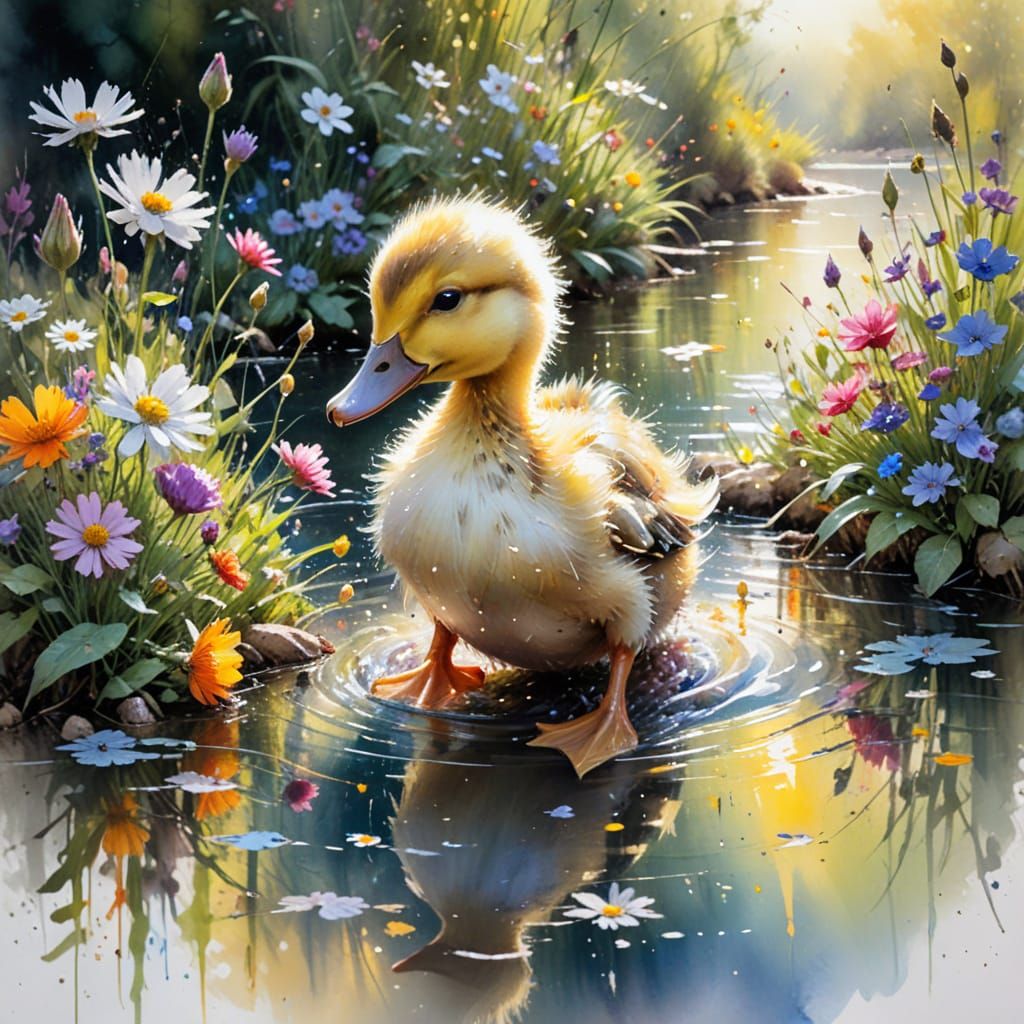 Playful Duckling in Sunlit River Garden with Wildflowers
