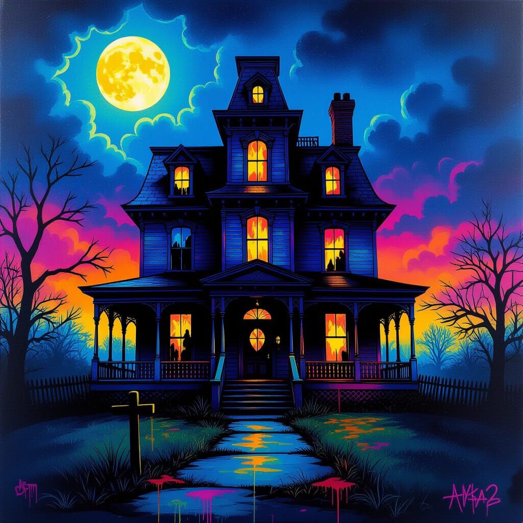 Whimsical Haunted House at Twilight in Street Art Style
