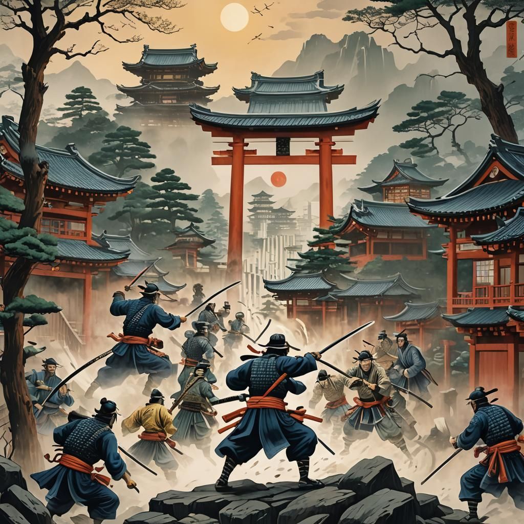 Samurai and Ninja Battle Yurei in Ukiyo-e Landscape