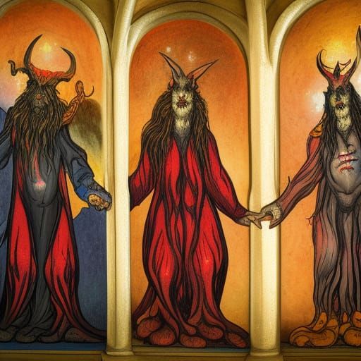 Shub Niggurath, Cthuthlu, and Baphomet holding hands in a church