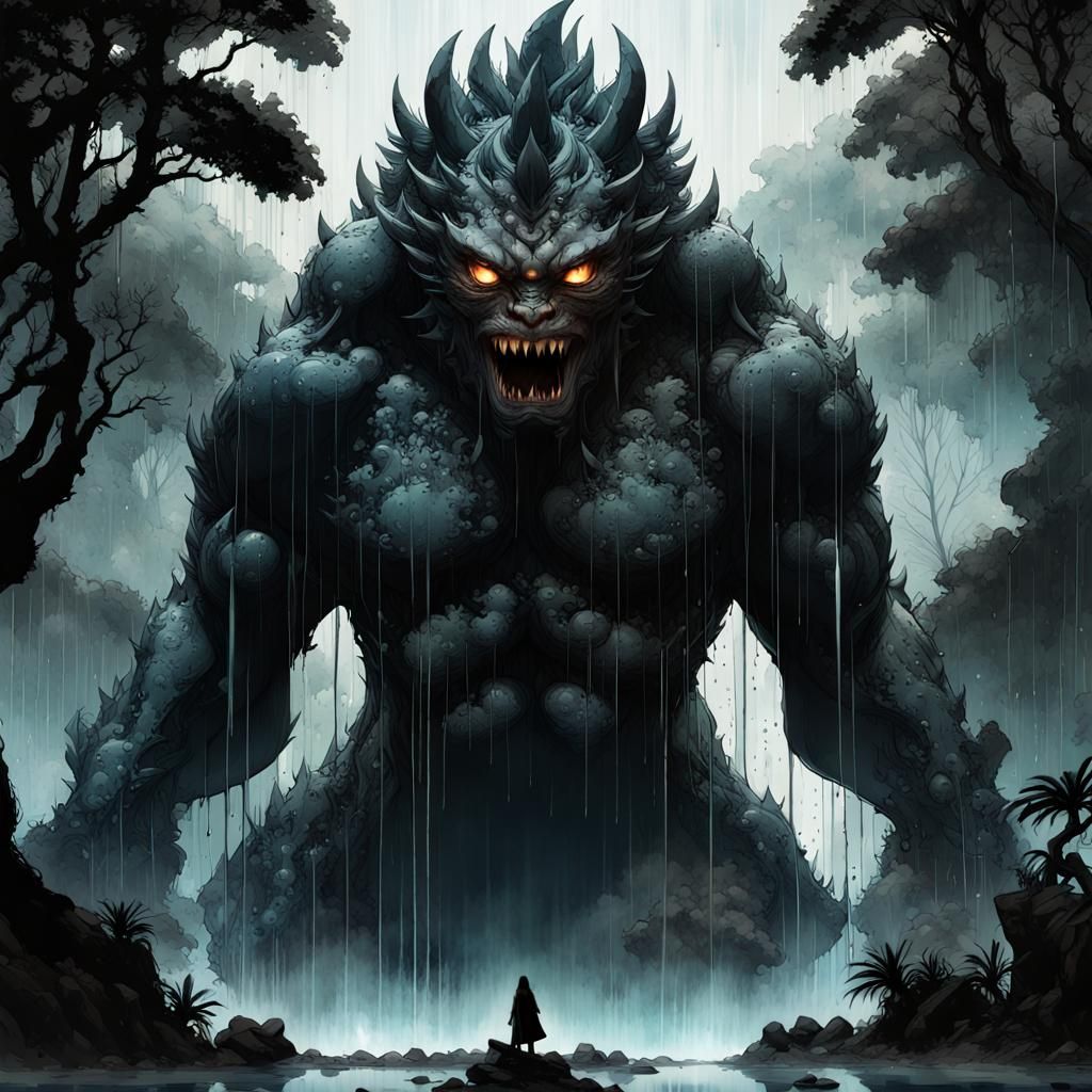 Monstrous Stone Statue in Jungle Rain