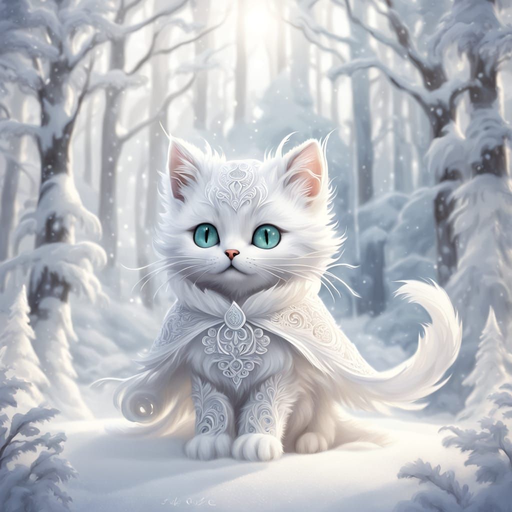 White Kitten in Snowy Forest: Dreamy Cartoon Art