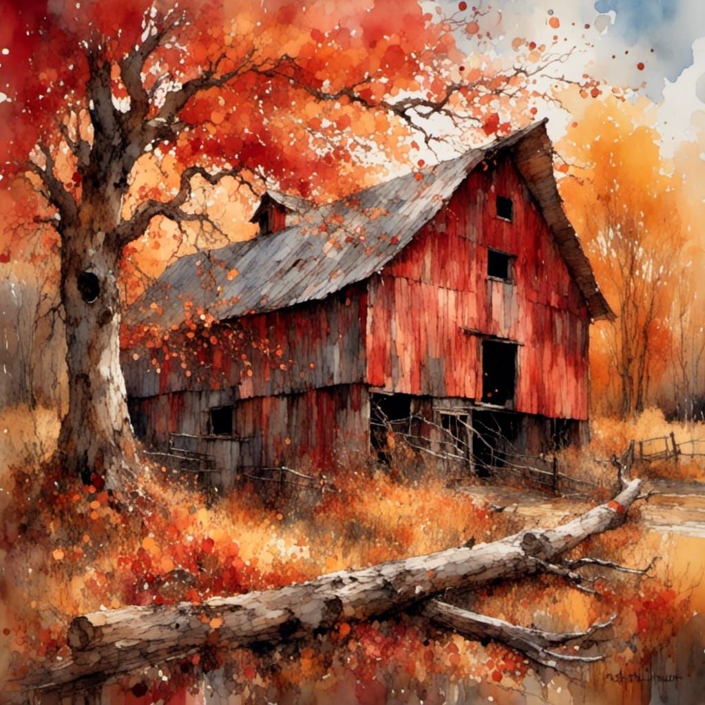 Impressionist Autumn Barn with Red Maple Tree