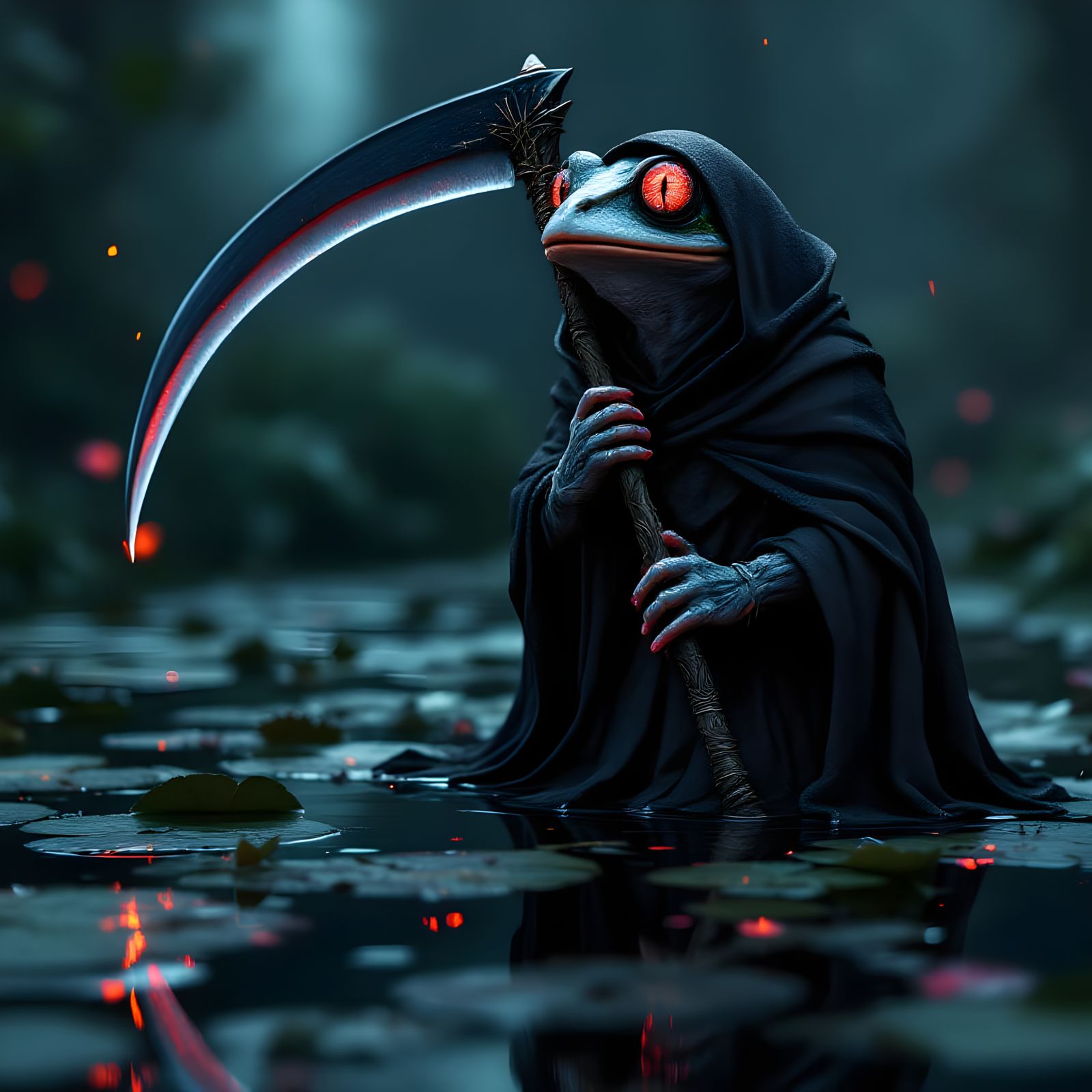 Frog Grim Reaper on Lilypad: Hyper-Realistic 3D Art