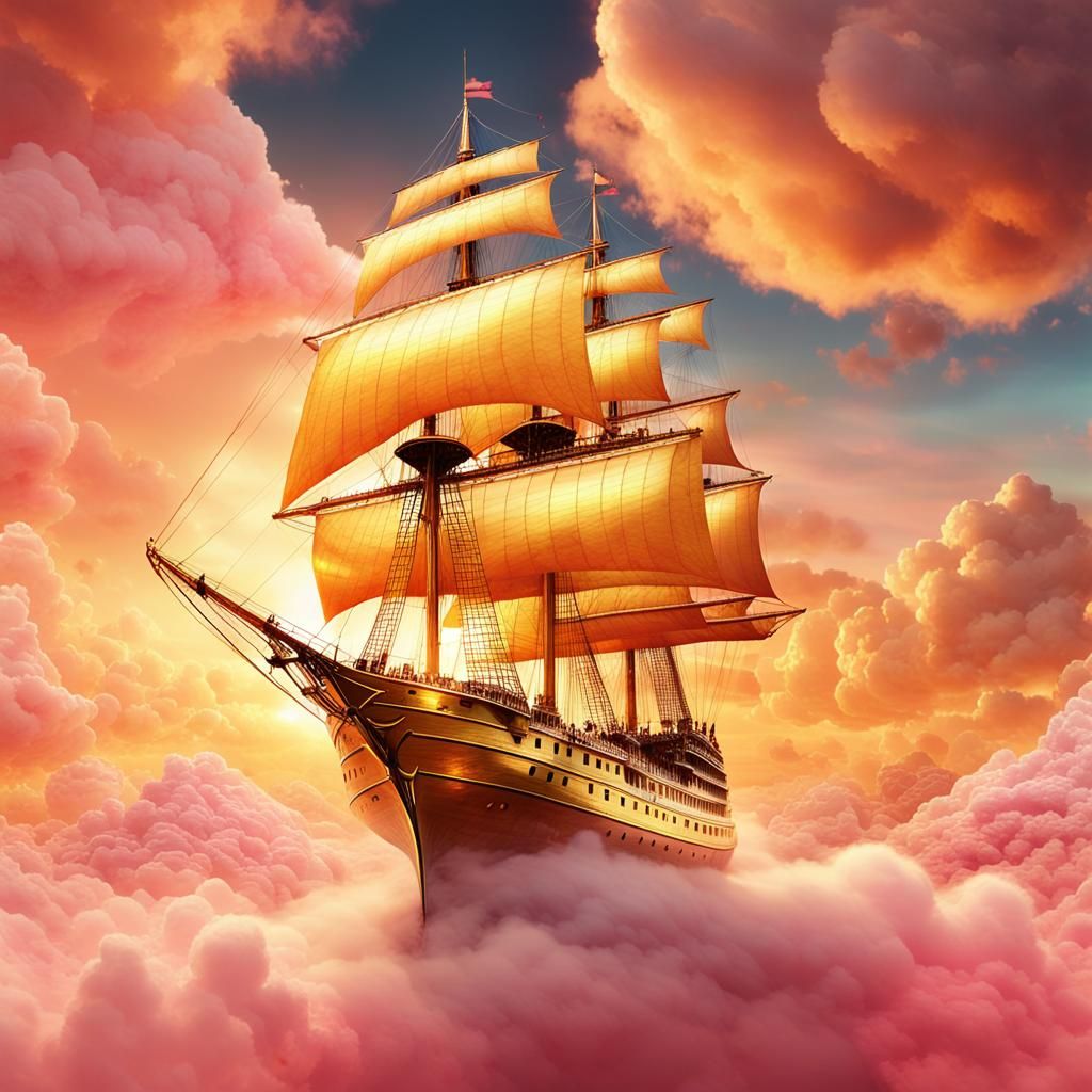 Golden Sailship Above Clouds at Sunset: Watercolor Style
