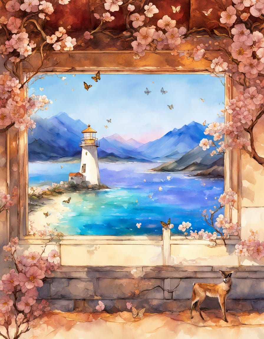 Fantasy Lighthouse Meadow in Stylized Watercolor