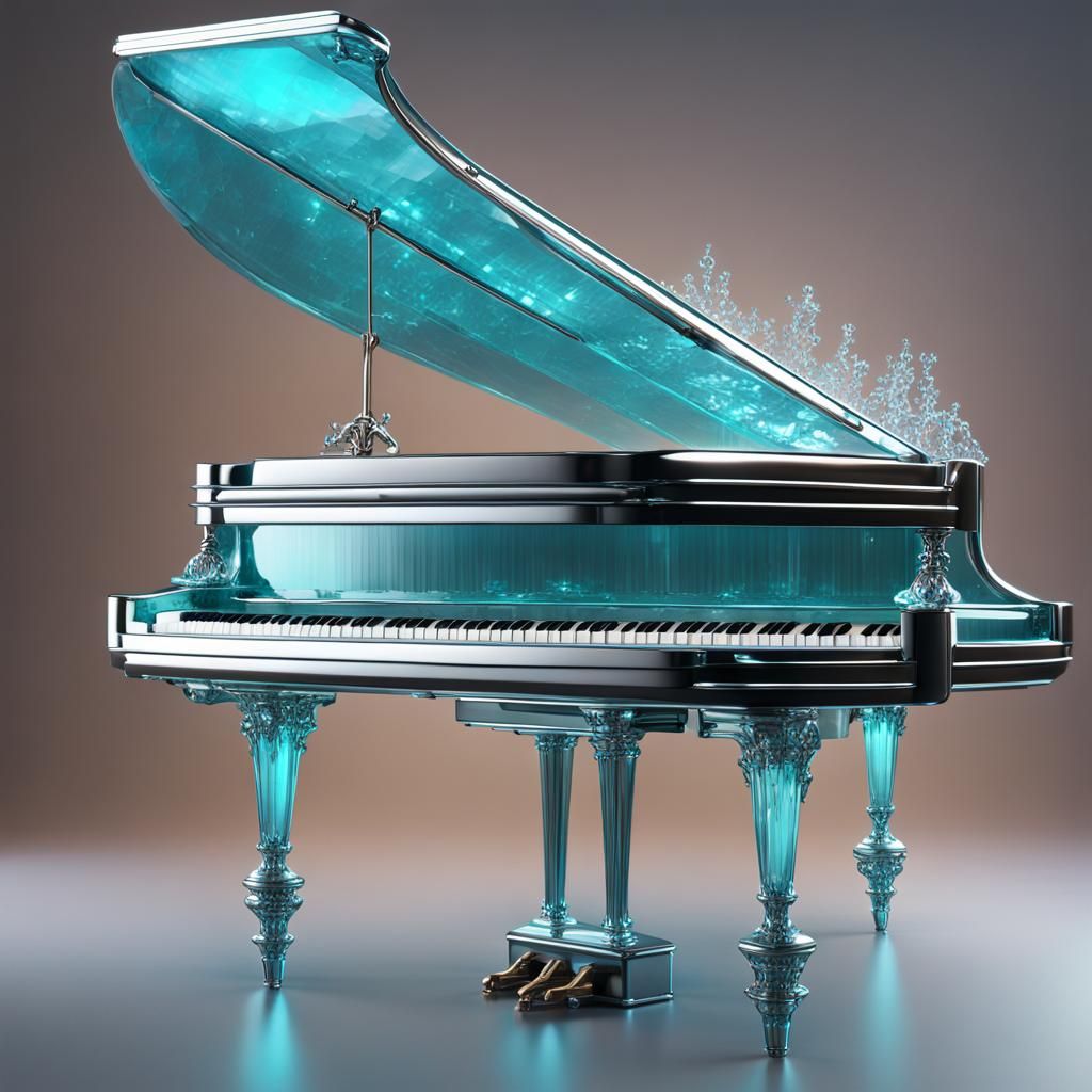 Enormous crystal Tiffany blue Glass, shiny steel grand piano with wings