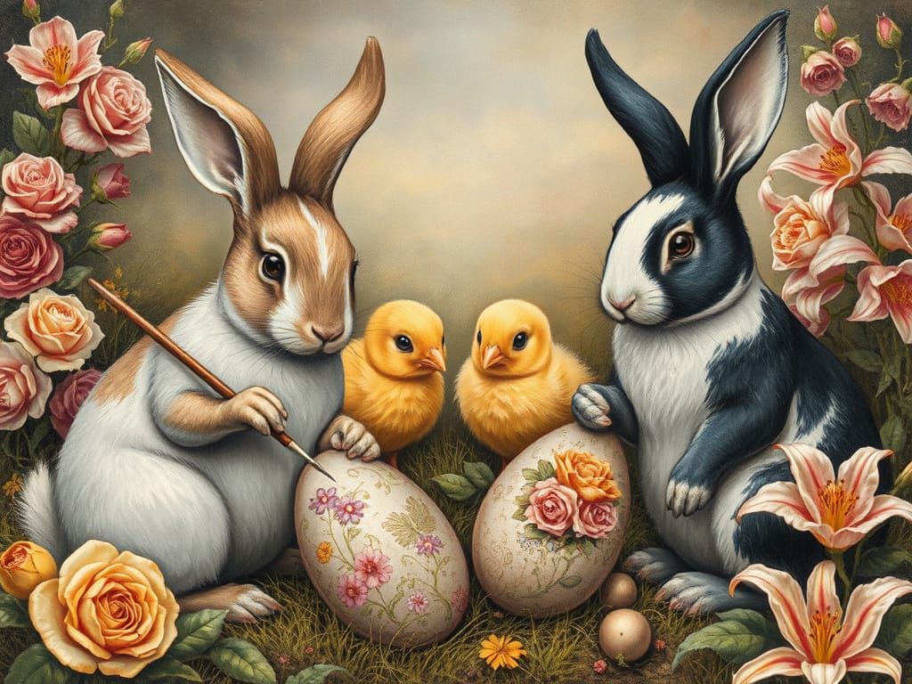 Rabbits and Chicks Painting Easter Eggs in Vintage Style