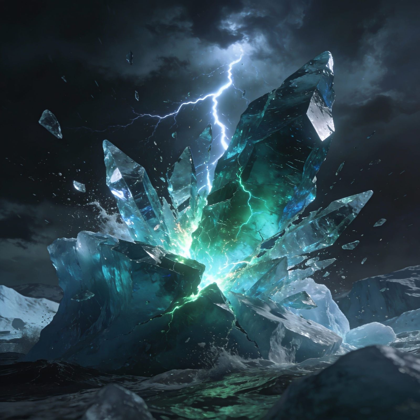 Electric Jade Iceberg Fractures Under Lightning Strike