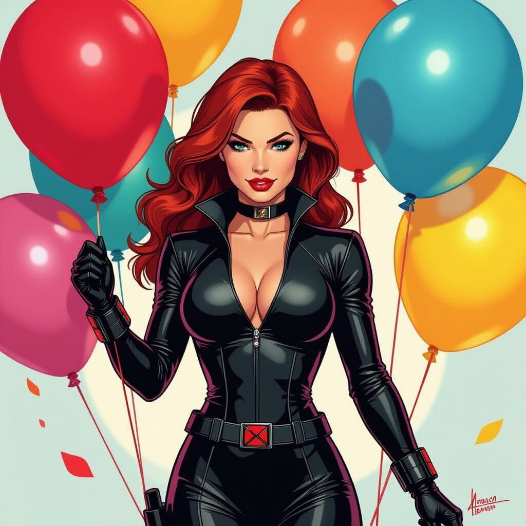 Black Widow Teasing Balloons: A Comic Book Style Image