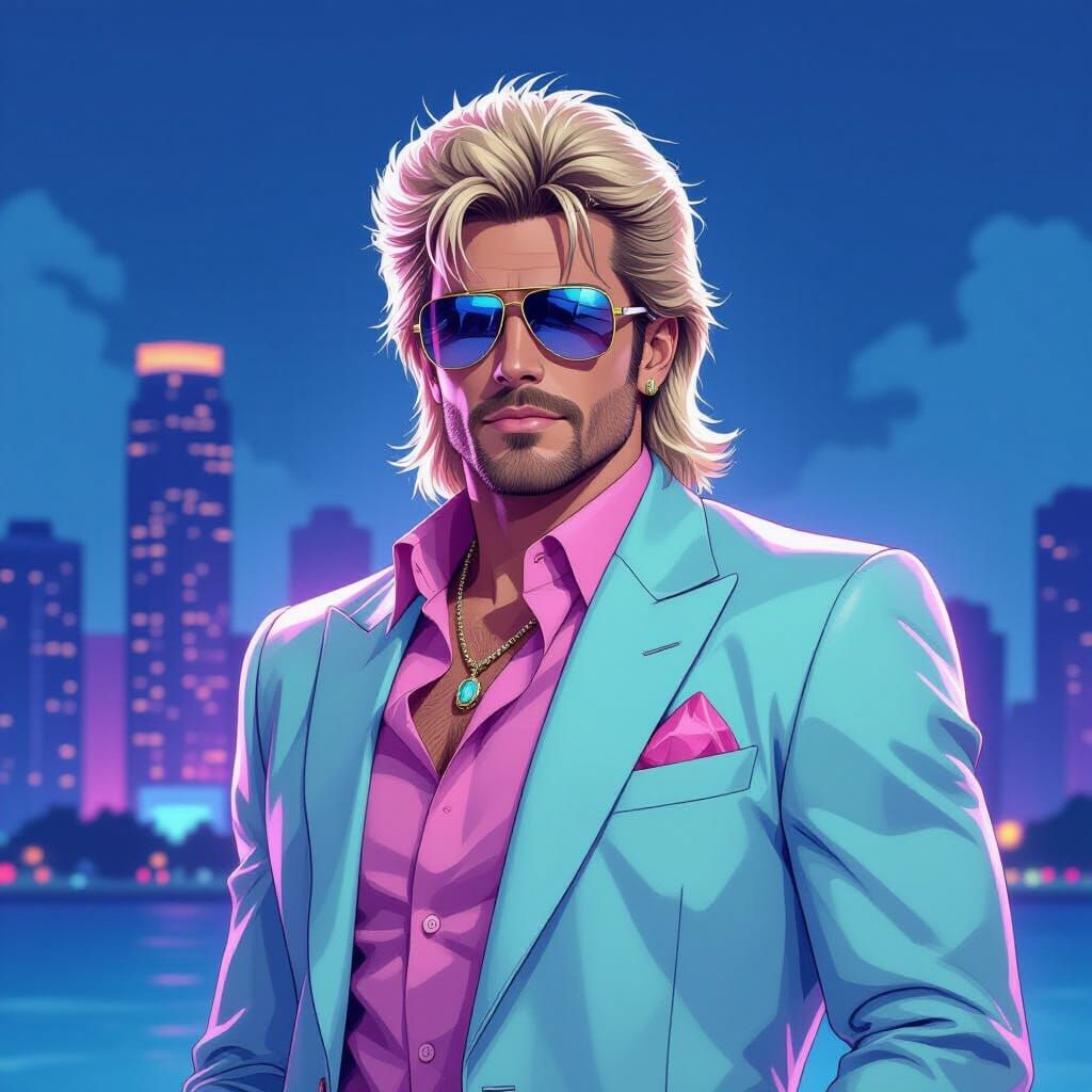 Miami Vice in Manga Style with Mullet and Sunglasses