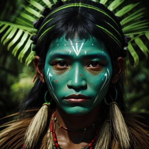 Yanomami Warrior in Enchanted Forest with War Paint