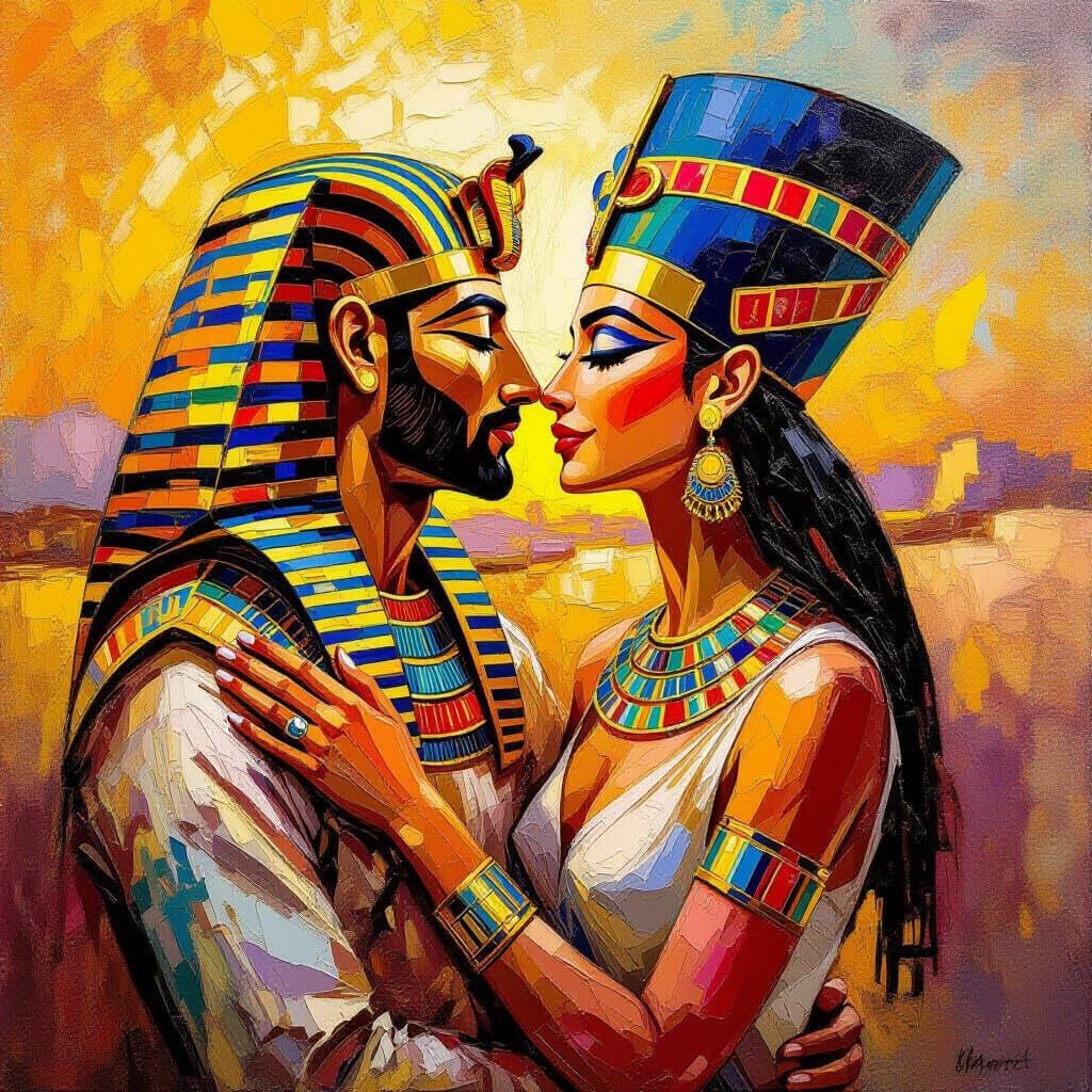 Pharaoh Declares Love to Nefertari in Textured Oil Painting