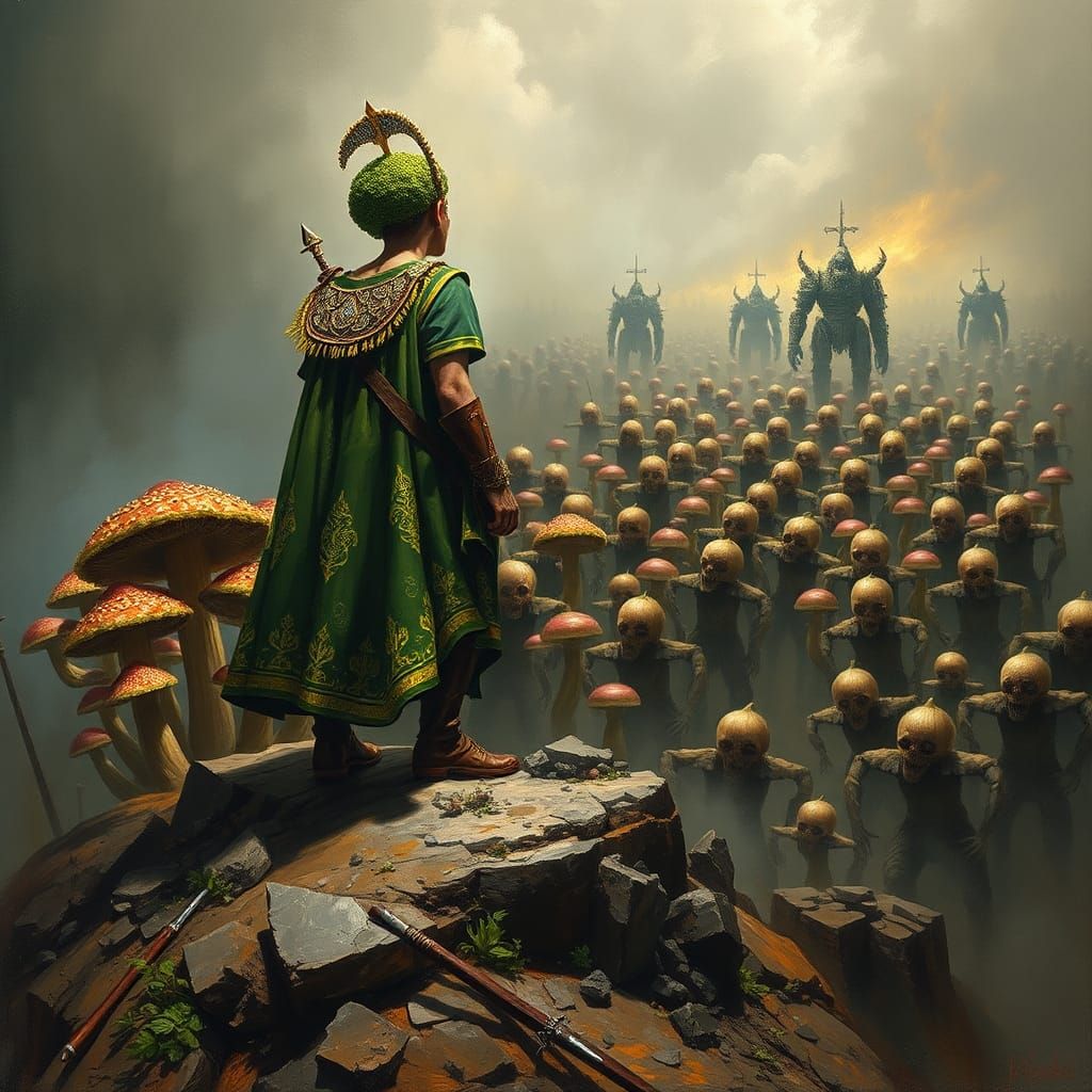Broccoli Commander Leads Mushroom Army: Oil Painting