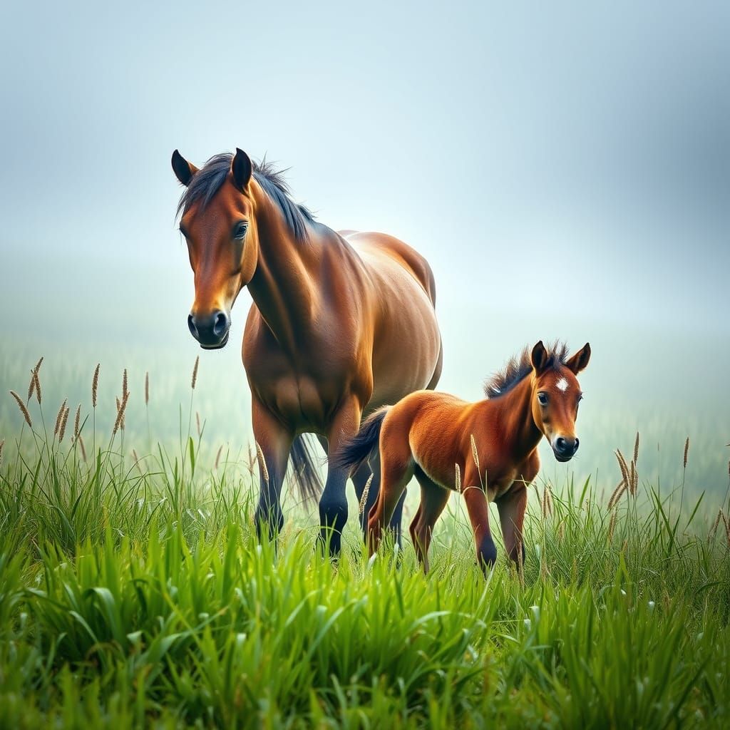 Majestic Mustang Family in Lush Emerald Meadow