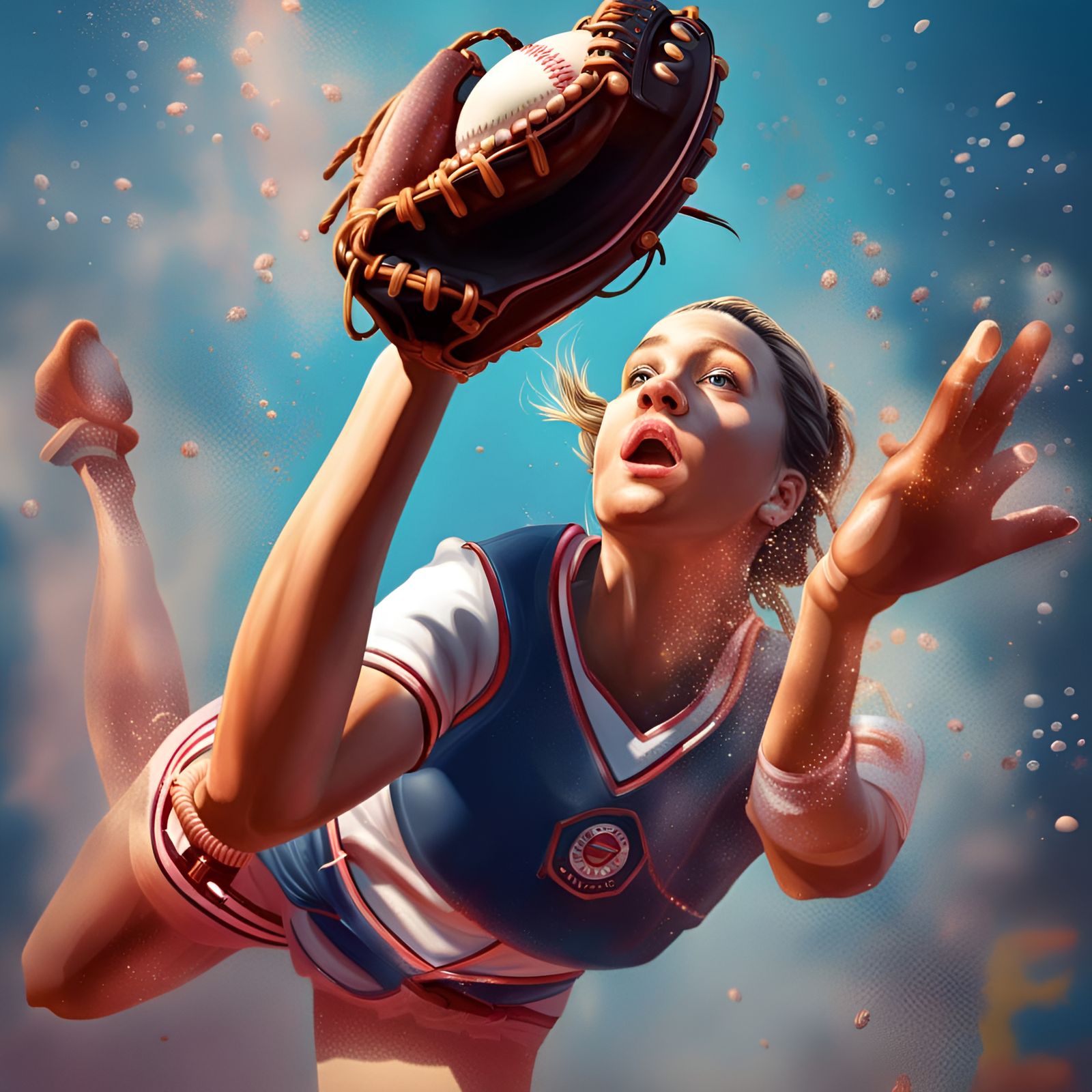 Hyperrealistic Girl Diving to Catch Baseball