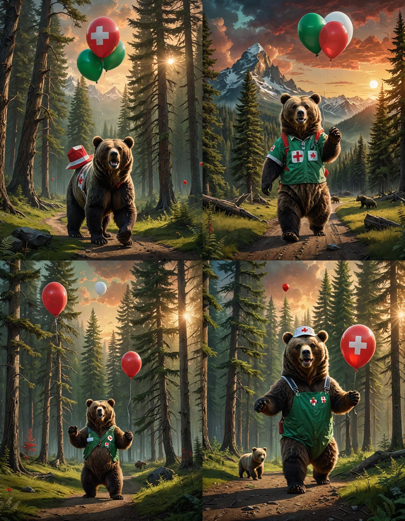 Grizzly Bear Nurse in Forest at Sunset