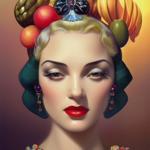 Art Deco Pin-Up Portrait with Tigers and Flowers