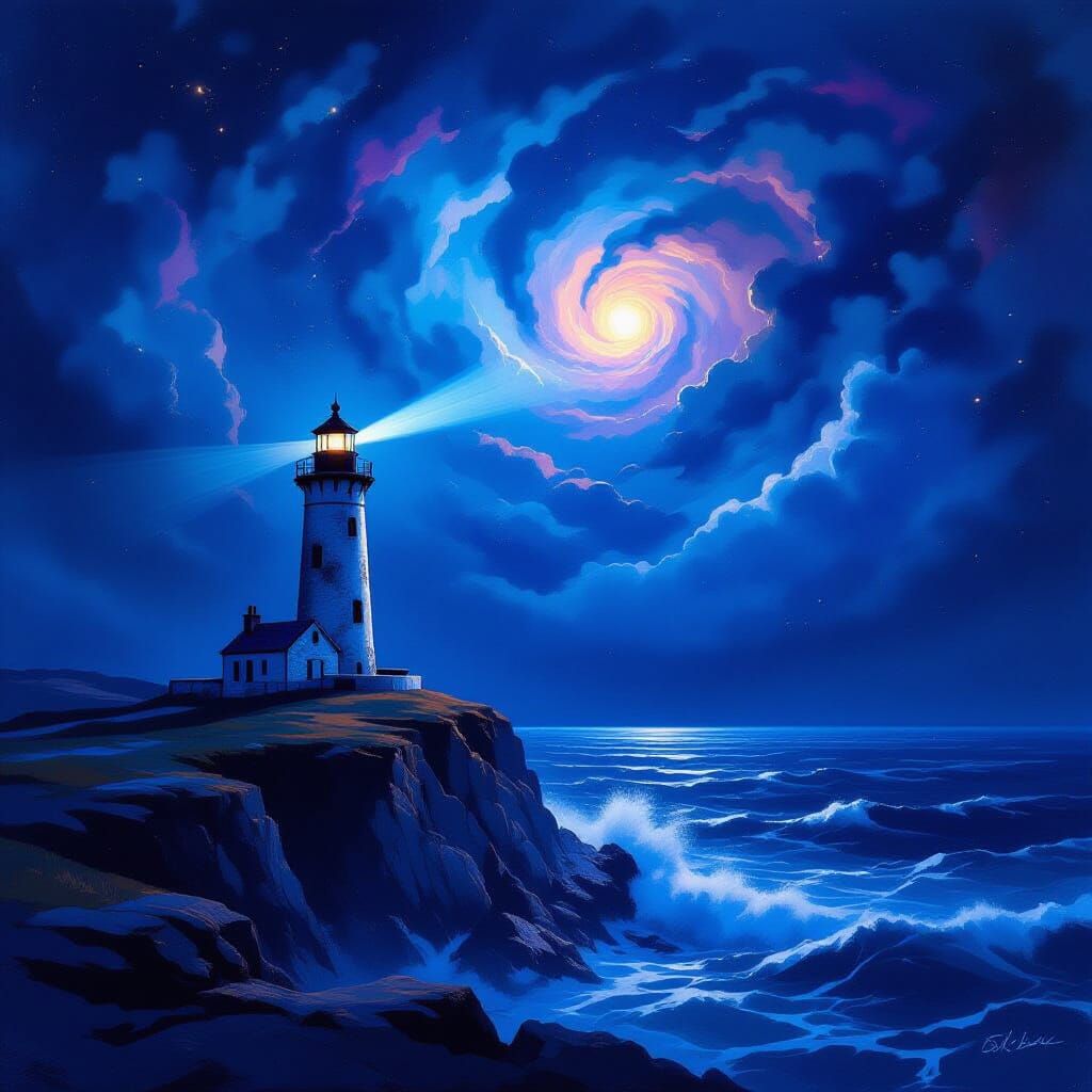 Lighthouse on Cliff Overlooking Cosmic Sea