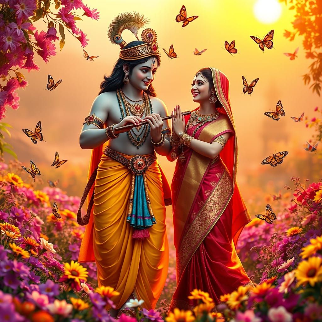 Ethereal Garden Scene of Radha and Krishna in Vibrant Hues