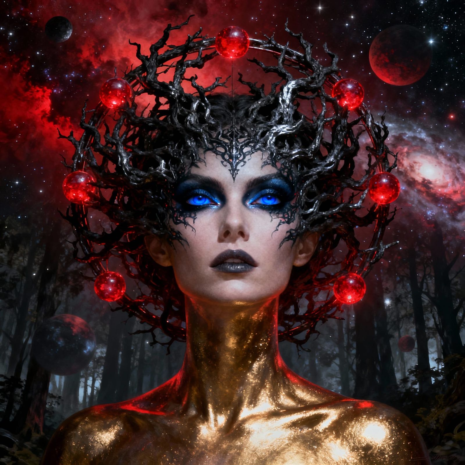 Ethereal Figure in Mystical Forest, Cosmic Surrealism Style