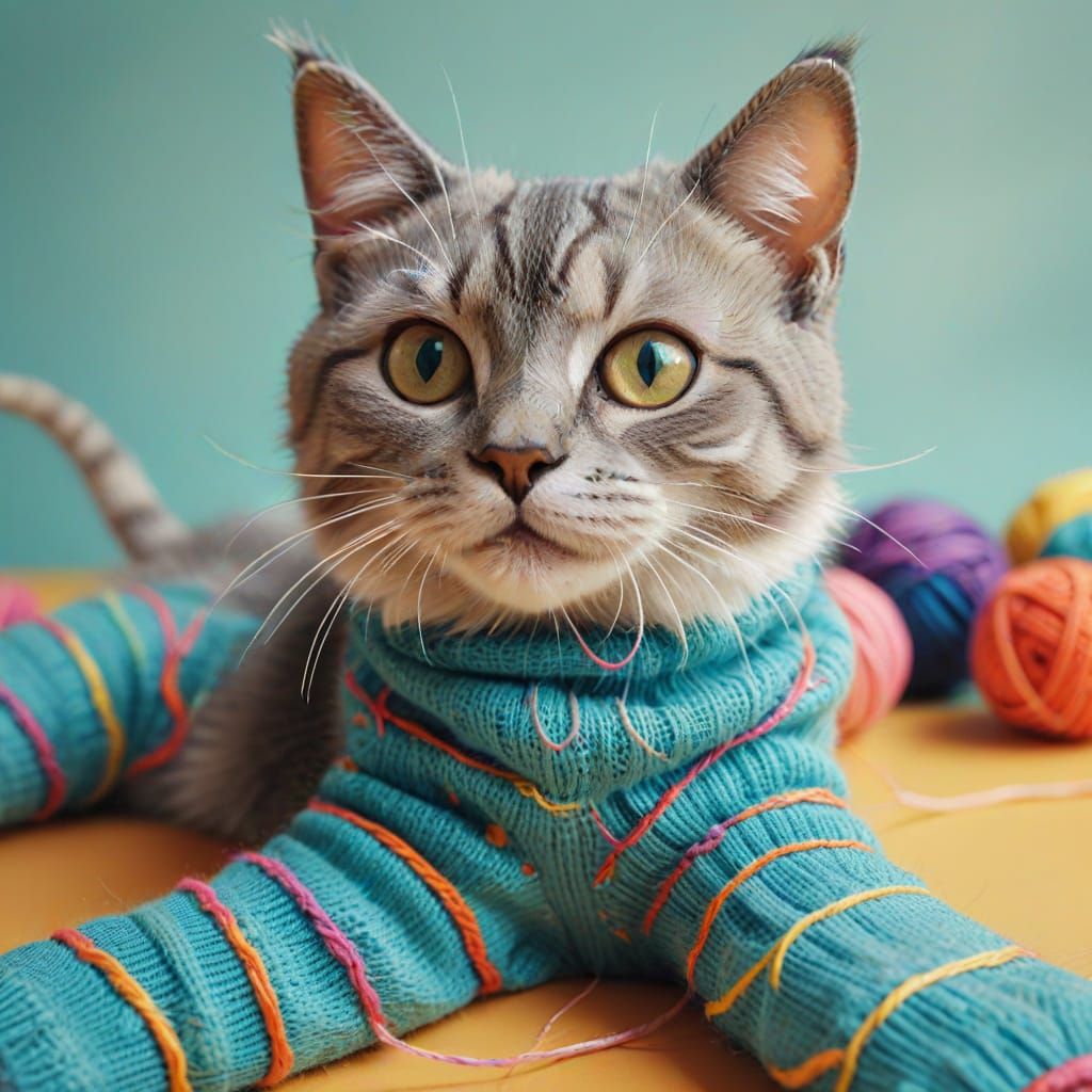 Playful Cat with Unraveling Sock: Whimsical Digital Art
