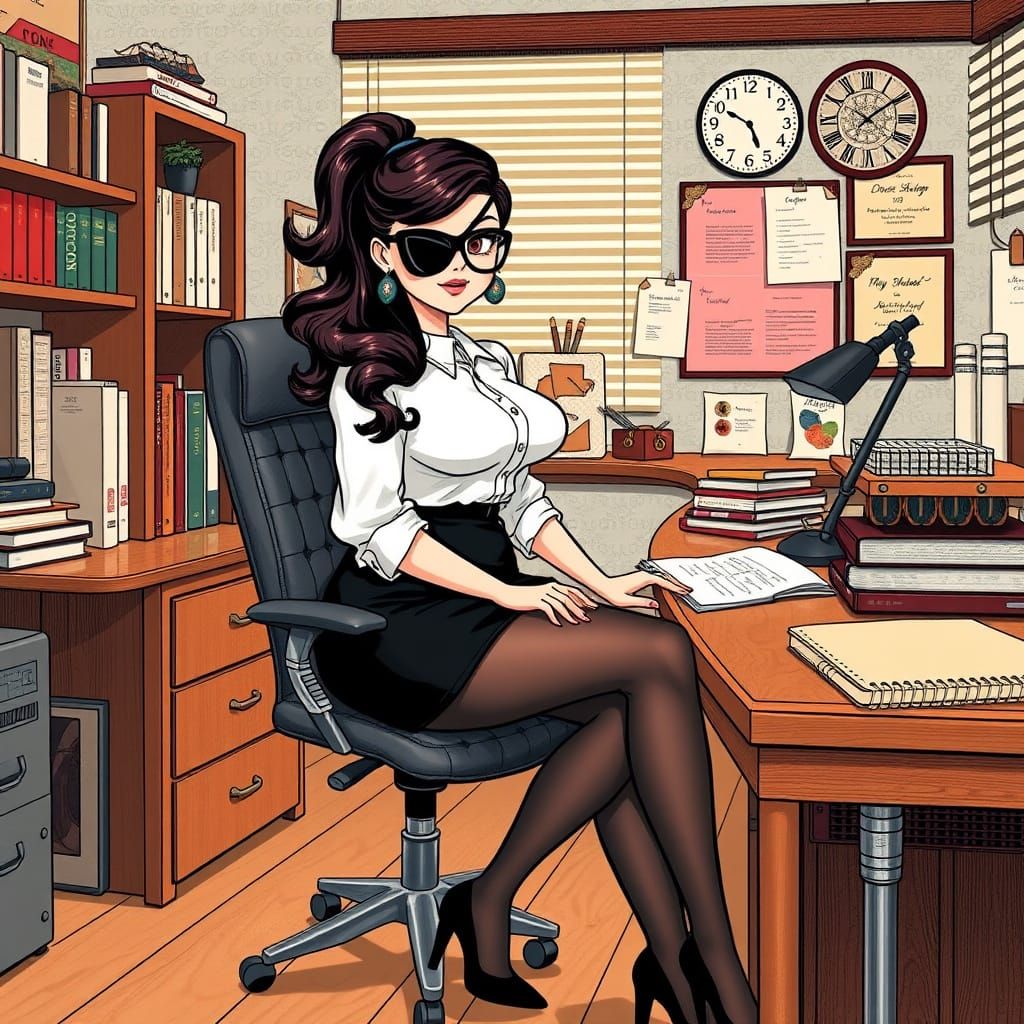 Curvy Woman in Eyepatch at Vintage Desk