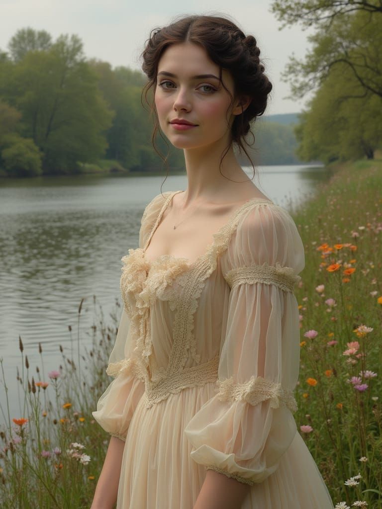 Elegant Victorian Lady by the Thames in Pre-Raphaelite Style