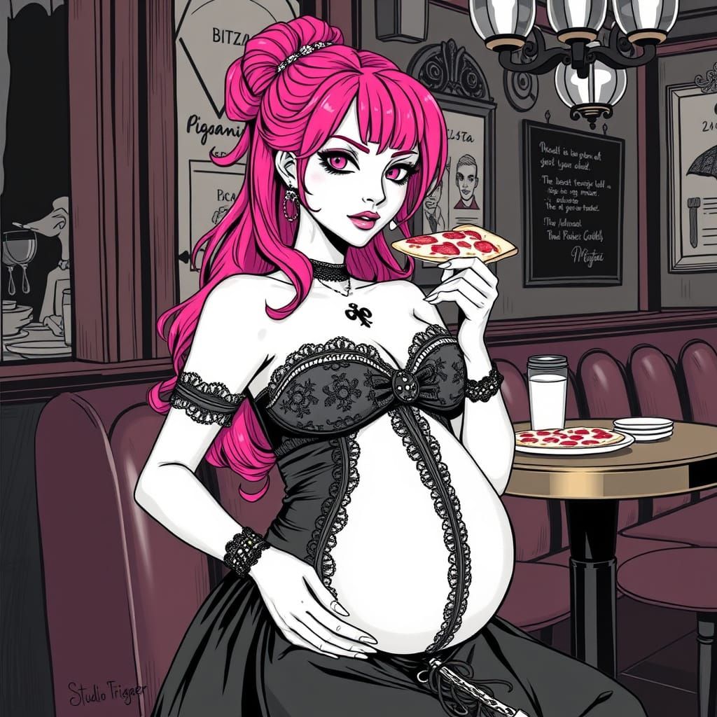 Gothic Goddess Savoring Slice in a Quaint Bistro